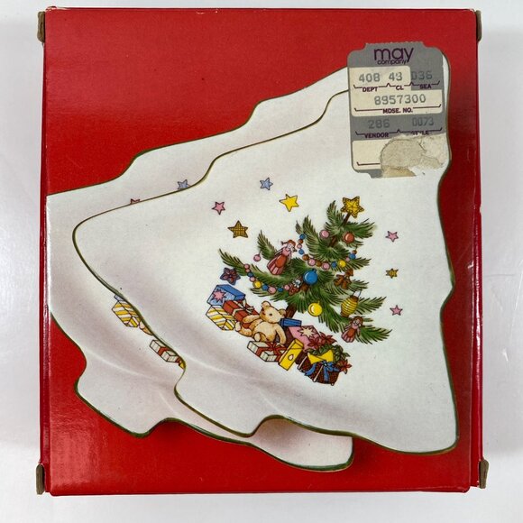 Nikko Christmastime Pair Set 2 Christmas Tree Candy Dish 6" Holiday White Green - Picture 8 of 10